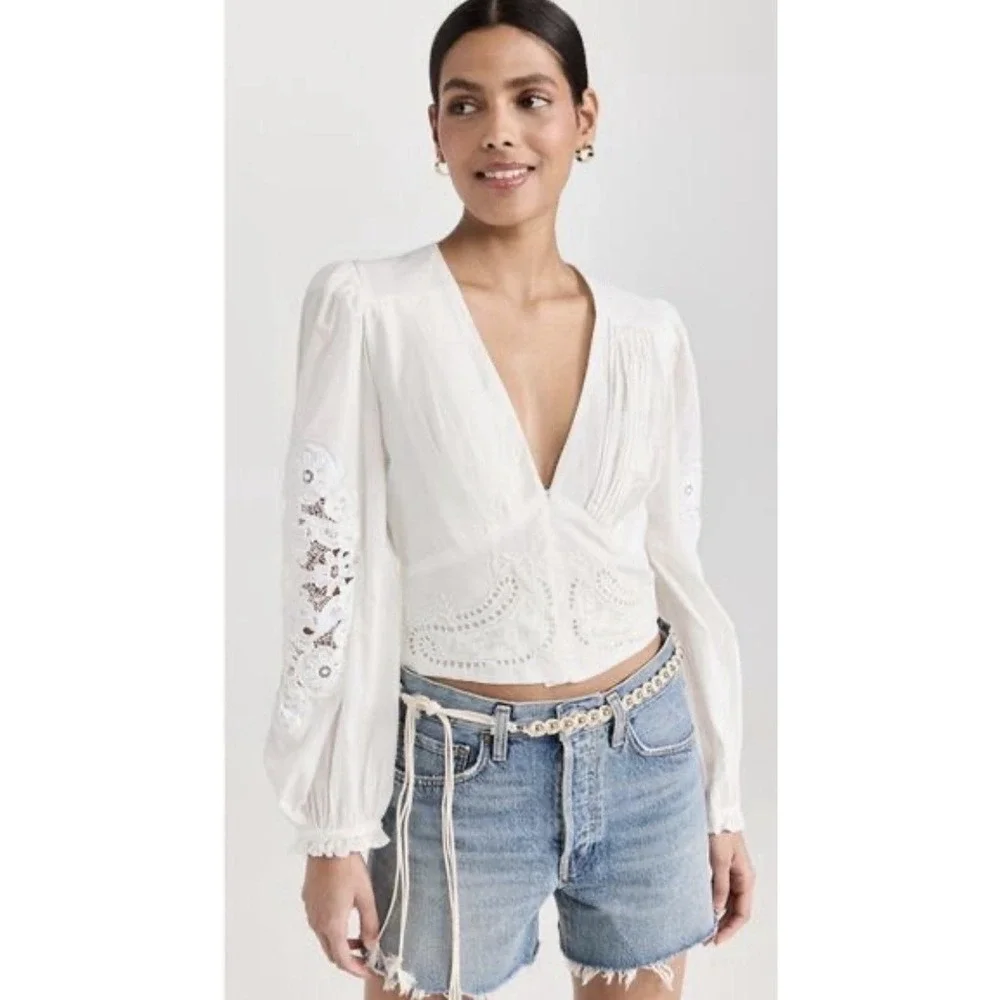 Farm Rio White Cotton Lace Long Sleeve Boho Crop Top XS